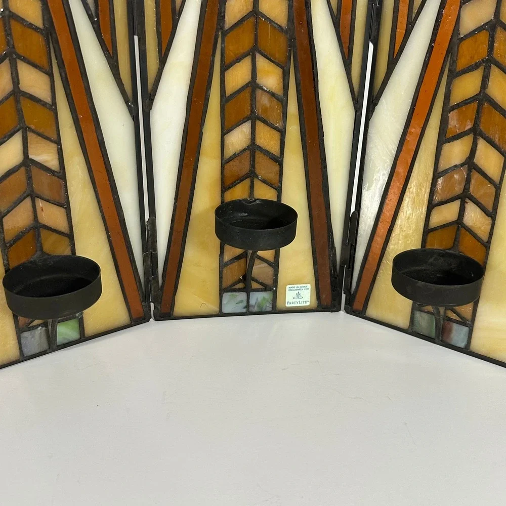 PARTYLITE THREE PANEL STAINED GLASS VOTIVE FRANK LLOYD WRIGHT PRARIE CRAFTSMAN